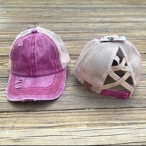 C.C Red Berry Distressed Criss Cross Pony Cap